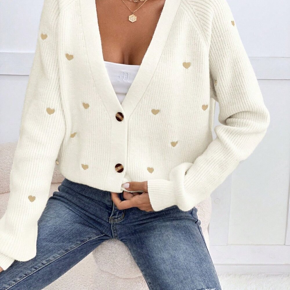 White Casual Women's Cardigan With Heart Embroidery - Picture 5 of 6
